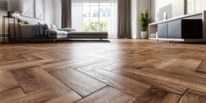 Two hands comparing samples of hardwood and laminate flooring on a tabletop.