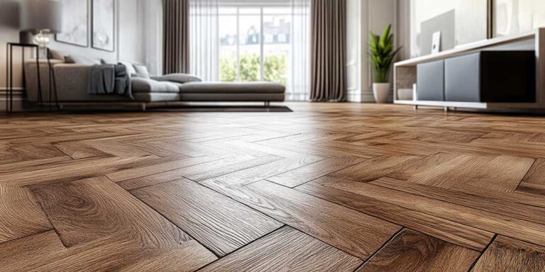 Two hands comparing samples of hardwood and laminate flooring on a tabletop.