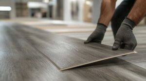 A person examining different flooring samples in a sunlit residential room with natural wood and tile options visible.